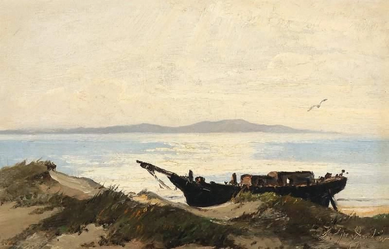 船が岸に引き上げられた海岸の風景 1887 by ホルガー・ドラッハマン 