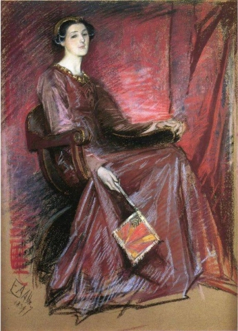 Donna seduta che indossa un copricapo elisabettiano 1897