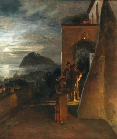 Abendliche Serenade Auf Ischia Im Hintergrund Das Castello Aragonese 1886 г.