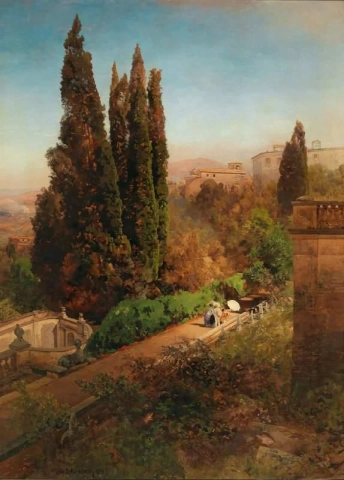 Blick In Den Garten Der Villa D Este Tivoli Bei Rom Utsikt over hagen til Villa D Este i Tivoli nær Roma 1881