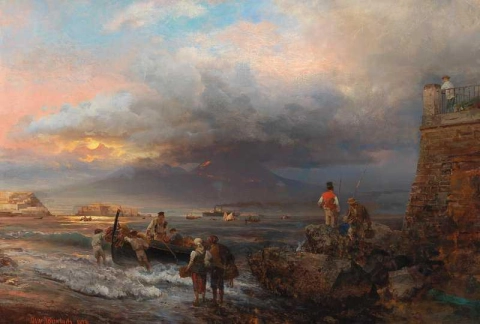 Achtergrond De baai van Napels met de Vesuvius op de achtergrond 1874