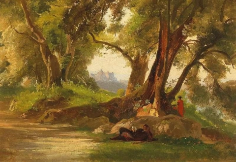Waldlichtung Mit Rastenden Personen Im Hintergrund Castel Gandolfo 1865