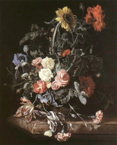 나비와 달팽이와 거미가 있는 돌 선반 위의 꽃 Aelst Willem Van