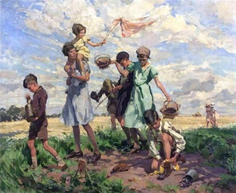 Kinder beim Brombeerbeuteln vor 1945
