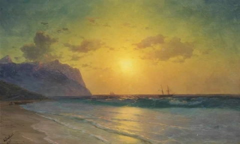 Myrskyn jälkeen auringonlasku rannikolla 1895