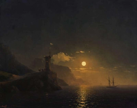 Capilla junto a la costa en una noche iluminada por la luna 1851