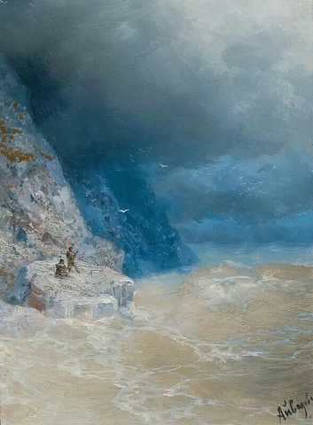 岩石海岸附近波涛汹涌的大海 1899