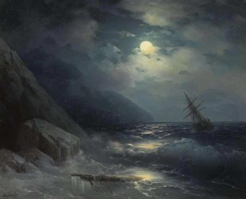 Paisaje iluminado por la luna con un barco 1881
