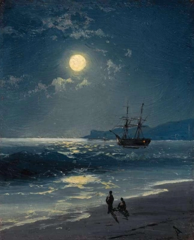 Zeilschip op een kalme zee bij maanlicht 1897