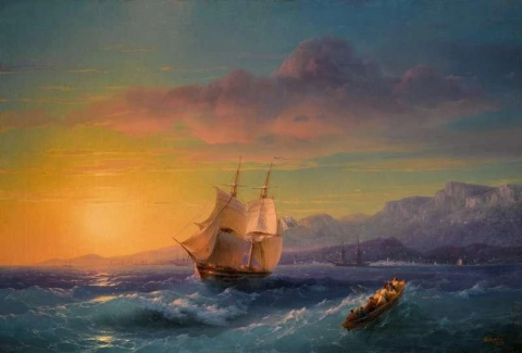 Laiva auringonlaskun aikaan Cap Martinilta 1859