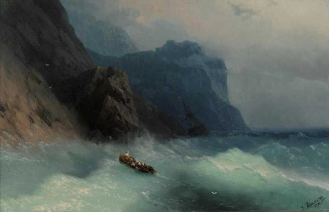Skeppsbrott på en stenig strand 1872