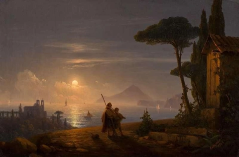 Veduta della baia di Pozzuoli in una notte di luna con le isole di Nisida e Ischia sullo sfondo della luna piena 1844