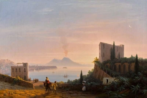 Veduta del Golfo di Napoli da Posilippo con il Palazzo Donn Anna Luna Nuova 1844