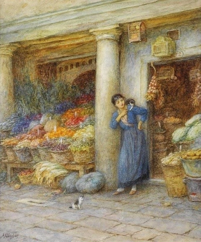 Uma barraca de frutas veneziana, também conhecida como vendedor de frutas veneziana S.d.