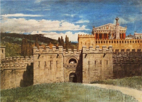 Antium visto desde fuera de las murallas de la ciudad Diseño para Coriolanus