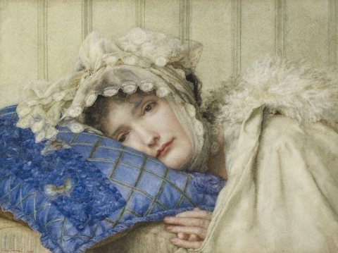 فتاة ترتدي قلنسوة ورأسها على وسادة زرقاء 1902