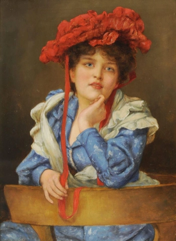 Porträt einer jungen Dame, die ein blau-weißes Kleid und eine rote Haube trägt