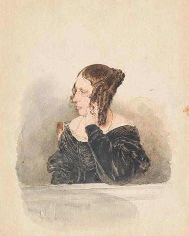난간 위에 팔을 올려놓고 있는 반쪽 프로필의 젊은 여성의 초상화