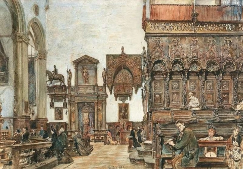 威尼斯圣玛利亚荣耀圣母堂内部，唱诗班座位上有祈祷
