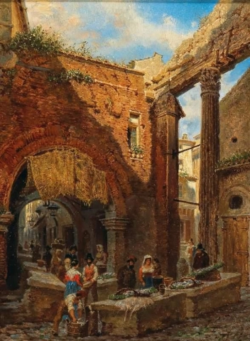 로마 오래된 수산 시장이 있는 포르티코 디 오타비아(Portico Di Ottavia)의 전망