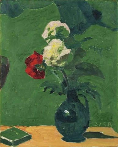 Stillleben Miet Blumenstrauss In Gruner Vase 1957