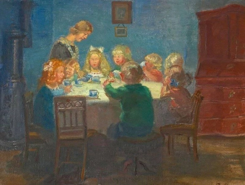 Um interior azul com festa infantil em Skagen