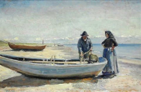 Ein Fischer und seine Frau an ihrem Boot am Skagen Sønderstrand 1923