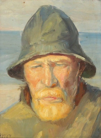 Ein Fischer aus Skagen im Sonnenlicht, der einen Südwester und einen Regenmantel trägt