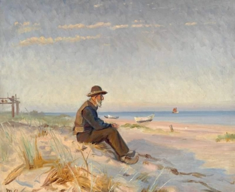 午後の日差しの中でビーチに座るスカーゲンの漁師