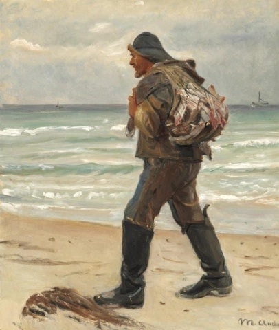 Un pescador en la playa de Skagen llevando la pesca del día en su espalda.