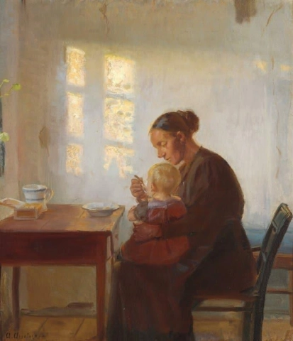 阳光照射的房间里的母亲和孩子，约 1905 年