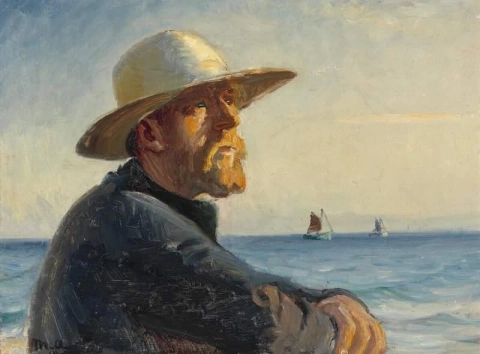 Skagenin kalastaja seisoo auringossa rannalla 1914