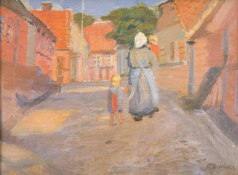 Una strada a Bornholm con una madre che cammina con i suoi figli