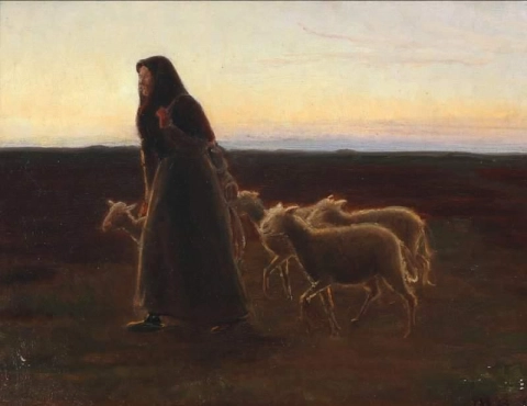 Una donna che attraversa la brughiera con le sue pecore