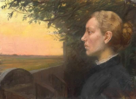 一个年轻的斯卡恩女孩在木栅栏旁观看夕阳 1906