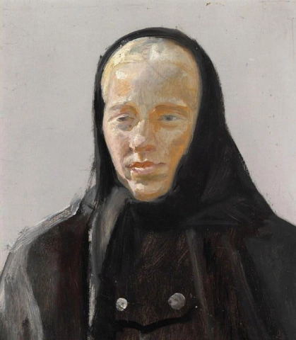 Una joven de Skagen con un pañuelo negro en la cabeza