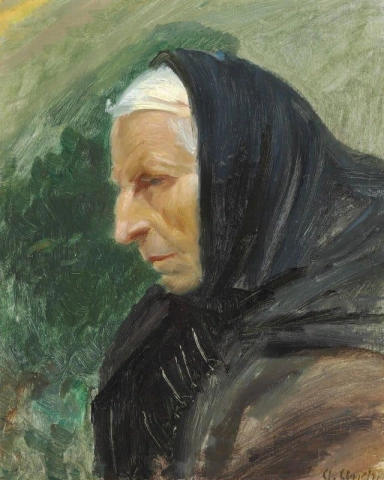 Uma mulher idosa com lenço preto Skagen