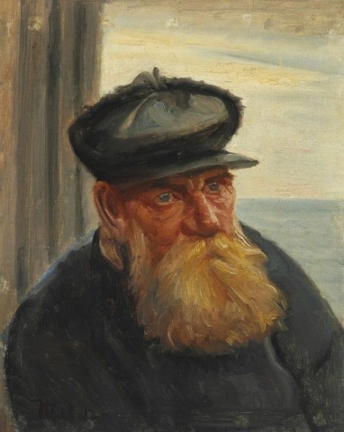 Een oude visser in een deuropening met de zee op de achtergrond Skagen 1912
