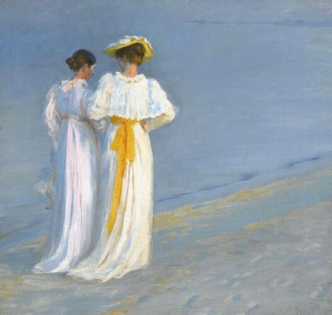 Anna Ancher ja Marie Kr Yer rannalla Skagenissa