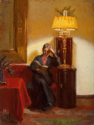 Anna Ancher lukemassa piirustushuoneessa