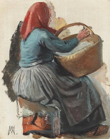 Zurückgekehrte Frau mit einem Korb, der ein rotes Kopftuch trägt