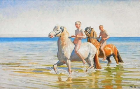 Meninos andam a cavalo até a água. Skagen