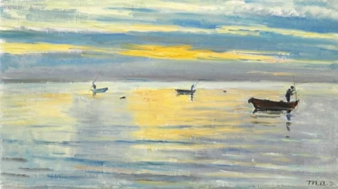Paling vangen bij zonsopgang Skagen 1920