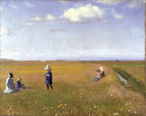 Kinder und junge Mädchen pflücken Blumen auf einem Feld nördlich von Skagen