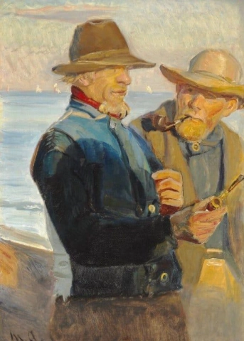 Geschäftsschluss. Zwei Fischer aus Skagen rauchen eine Pfeife am Strand