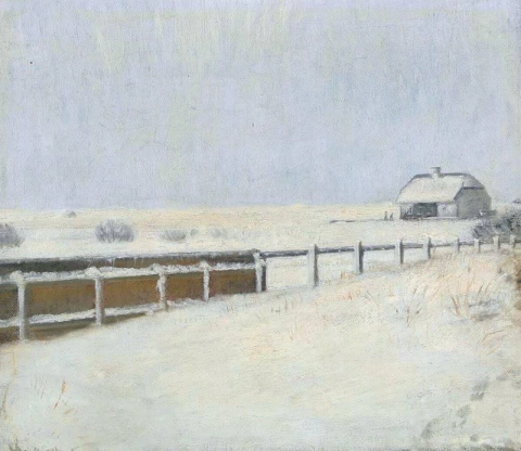 Zäune und ein Häuschen im Schnee in Skagen