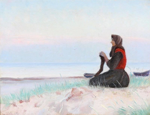 La moglie di Fischerman lavora a maglia sulla spiaggia di Skagen 1899