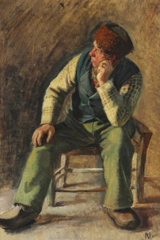 Fiskaren och räddaren Lars Gaihede sitter på en stol 1876-77