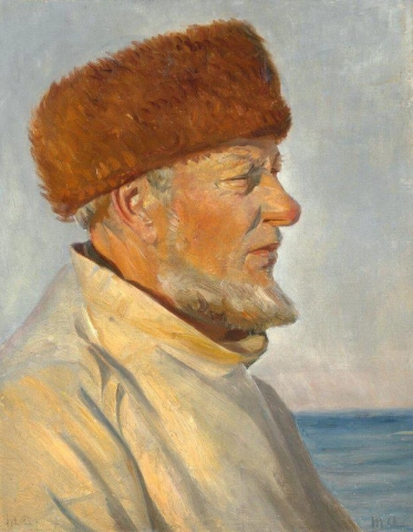 Fisherman From Skagen With Fur Hat In Sunlight On The Beach