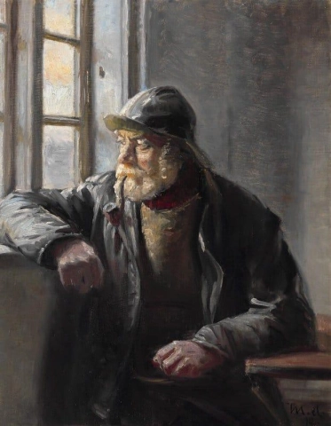 Fiskare Ole Svendsen från Skagen röker sin pipa nära fönstret 1914